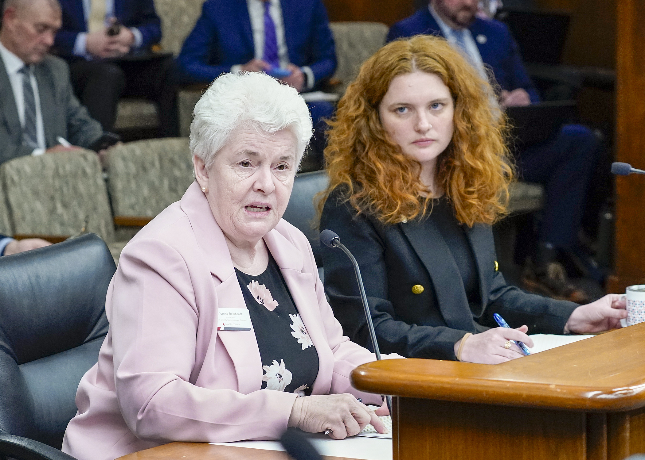 Ramsey County Commissioner Victoria Reinhardt testifies before the House Environment and Natural Resources Finance and Policy Committee Feb. 20 in support of HF3577, sponsored by Rep. Sydney Jordan, right. (Photo by Andrew VonBank)